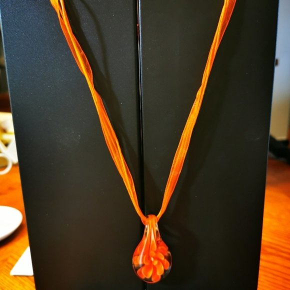 Art Glass Pendent Clear Glass with Orange Flower ~ Ribbon and Cord Nec… - Picture 3 of 16